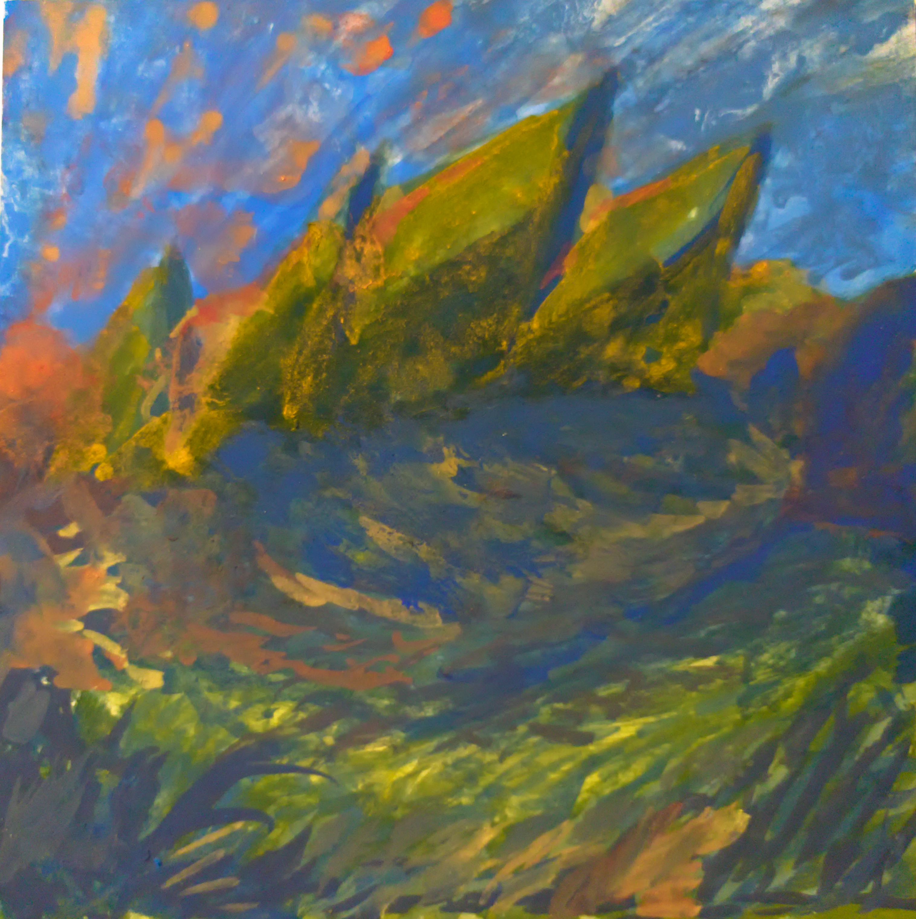 an egg tempura painting, overgrown, however peers said looks like bowl of pears and I can see the resemblance